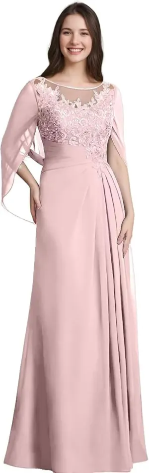 Lace Mother of The Bride Dresses for Wedding Long Ruched - Lace Formal Evening Dress with Cape Sleeve
