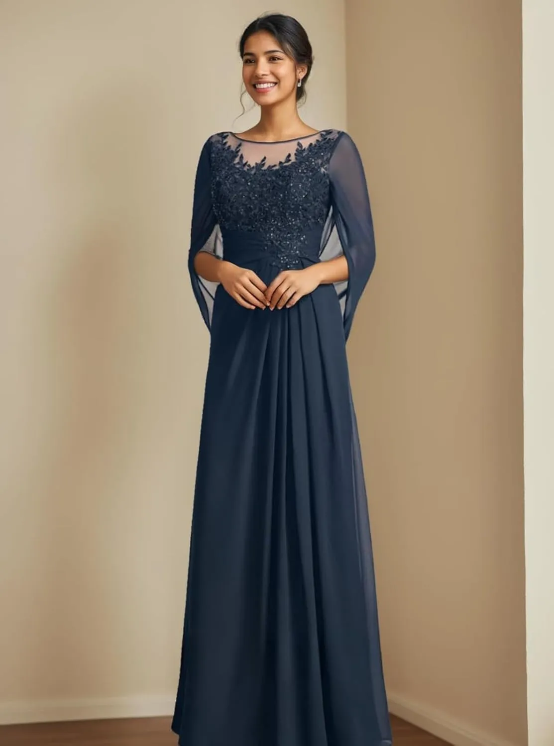 Lace Mother of The Bride Dresses for Wedding Long Ruched - Lace Formal Evening Dress with Cape Sleeve