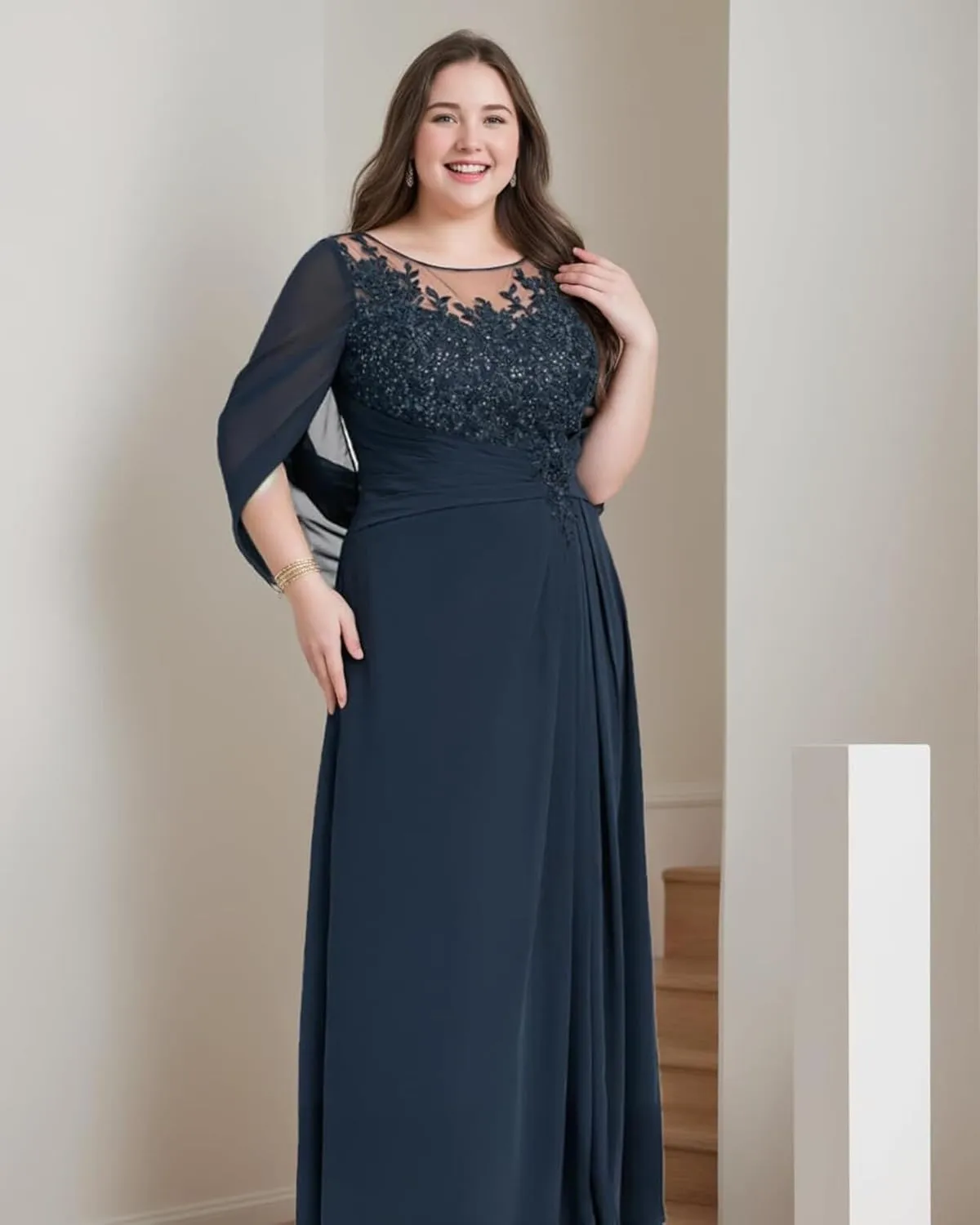 Lace Mother of The Bride Dresses for Wedding Long Ruched - Lace Formal Evening Dress with Cape Sleeve