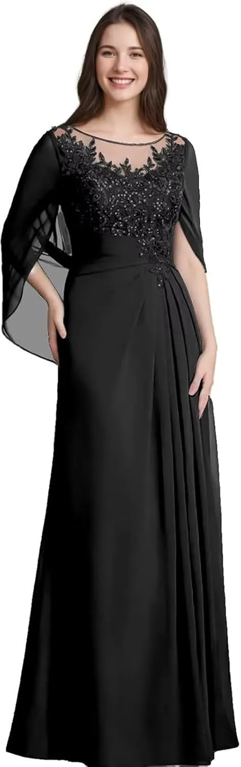 Lace Mother of The Bride Dresses for Wedding Long Ruched - Lace Formal Evening Dress with Cape Sleeve