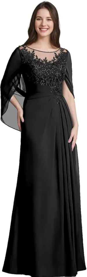 Lace Mother of The Bride Dresses for Wedding Long Ruched - Lace Formal Evening Dress with Cape Sleeve