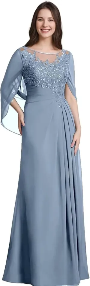Lace Mother of The Bride Dresses for Wedding Long Ruched - Lace Formal Evening Dress with Cape Sleeve