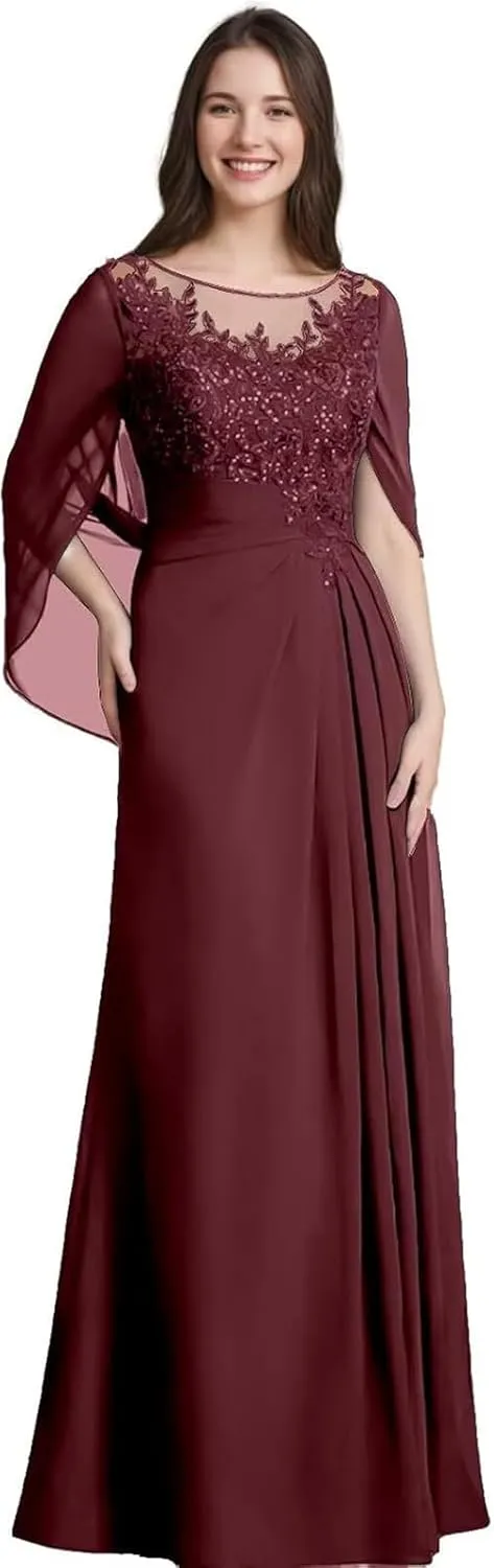 Lace Mother of The Bride Dresses for Wedding Long Ruched - Lace Formal Evening Dress with Cape Sleeve