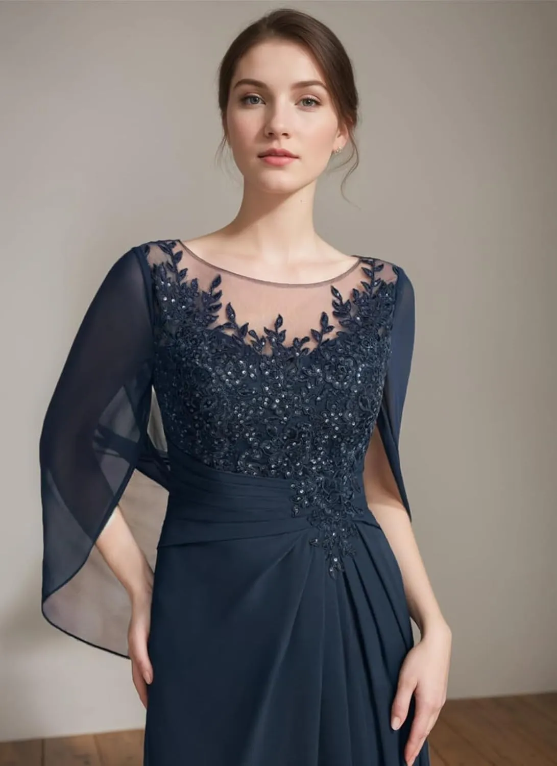 Lace Mother of The Bride Dresses for Wedding Long Ruched - Lace Formal Evening Dress with Cape Sleeve