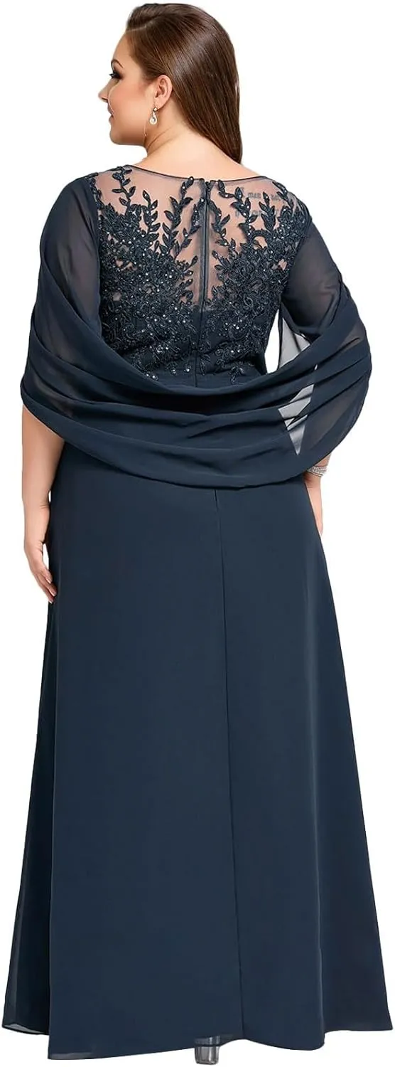 Lace Mother of The Bride Dresses for Wedding Long Ruched - Lace Formal Evening Dress with Cape Sleeve