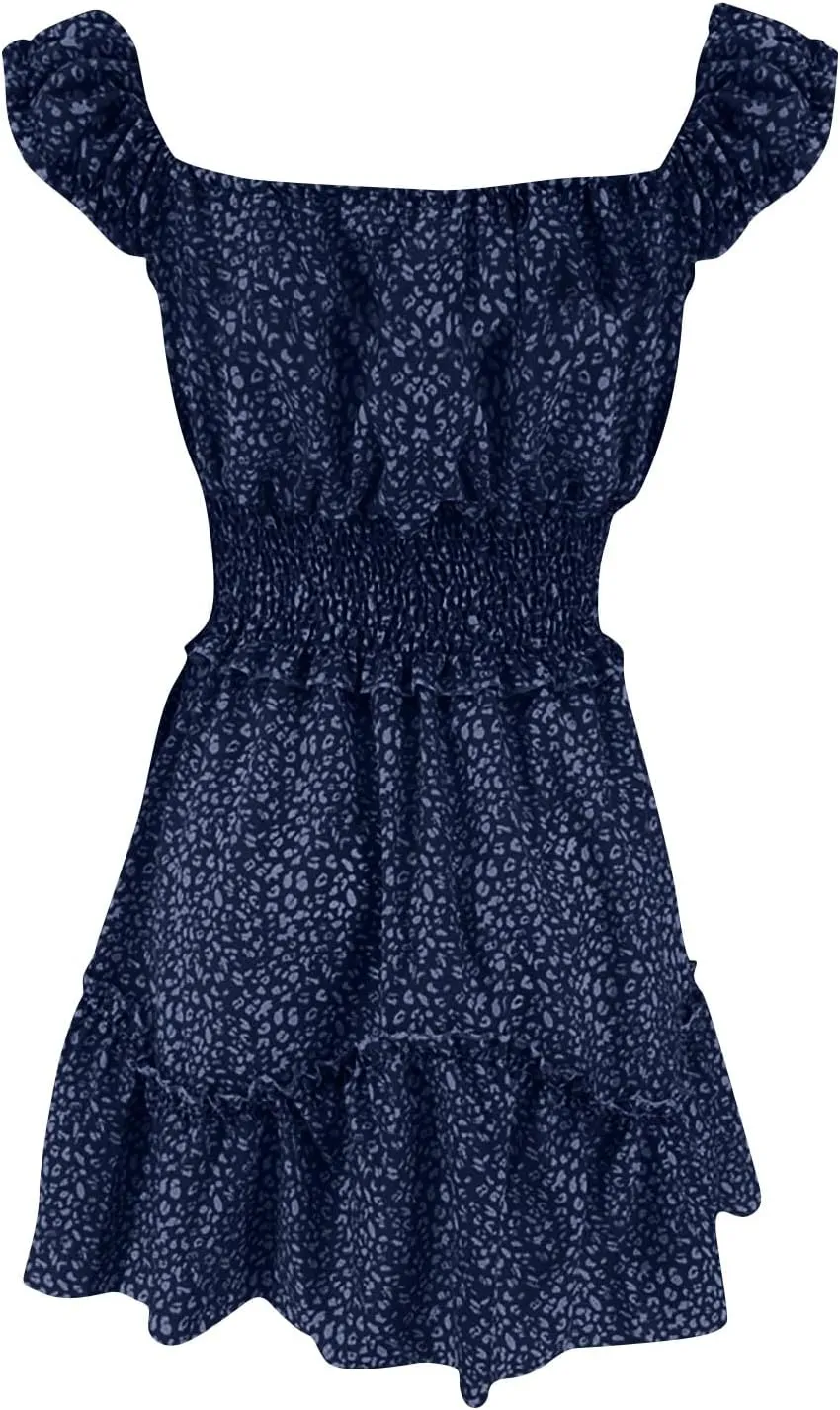 Ladies Sexy Floral Dresses Ruffle Summer Mini Loose Fit 2025 Short Sleeve Beach Daily Sundress with Tie Party Dress