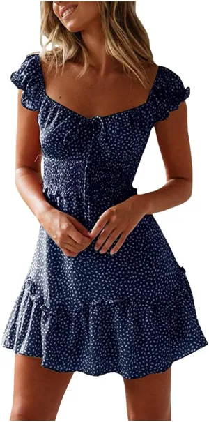 Ladies Sexy Floral Dresses Ruffle Summer Mini Loose Fit 2025 Short Sleeve Beach Daily Sundress with Tie Party Dress