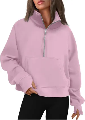 Ladies Stand Collar Hoodie Trendy Plus Fleece Sweatshirt 2024 Solid Color Loose Long Sleeve Comfy Slim Half Zip Pullover
