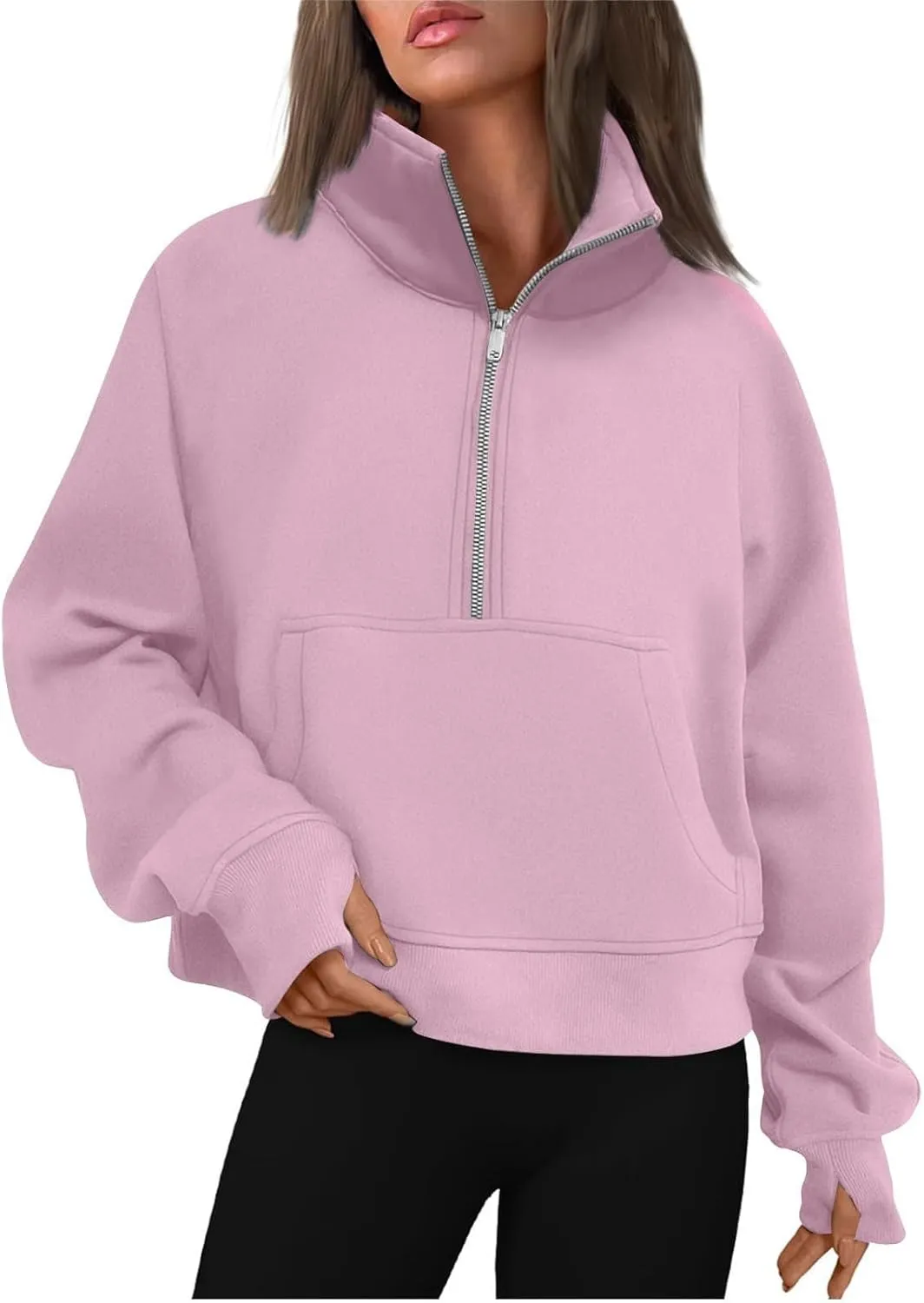Ladies Stand Collar Hoodie Trendy Plus Fleece Sweatshirt 2024 Solid Color Loose Long Sleeve Comfy Slim Half Zip Pullover