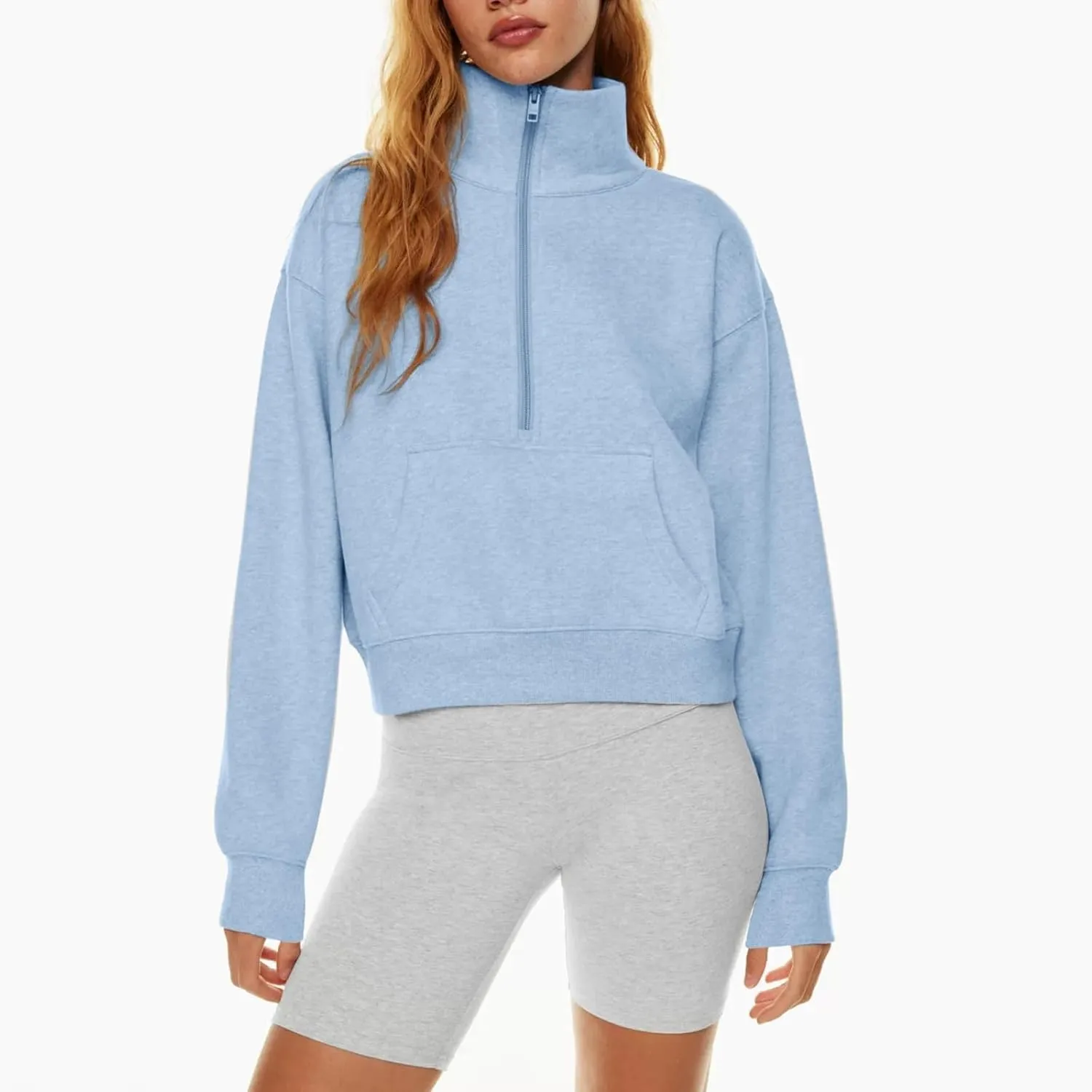Ladies Stand Collar Hoodie Trendy Plus Fleece Sweatshirt 2024 Solid Color Loose Long Sleeve Comfy Slim Half Zip Pullover