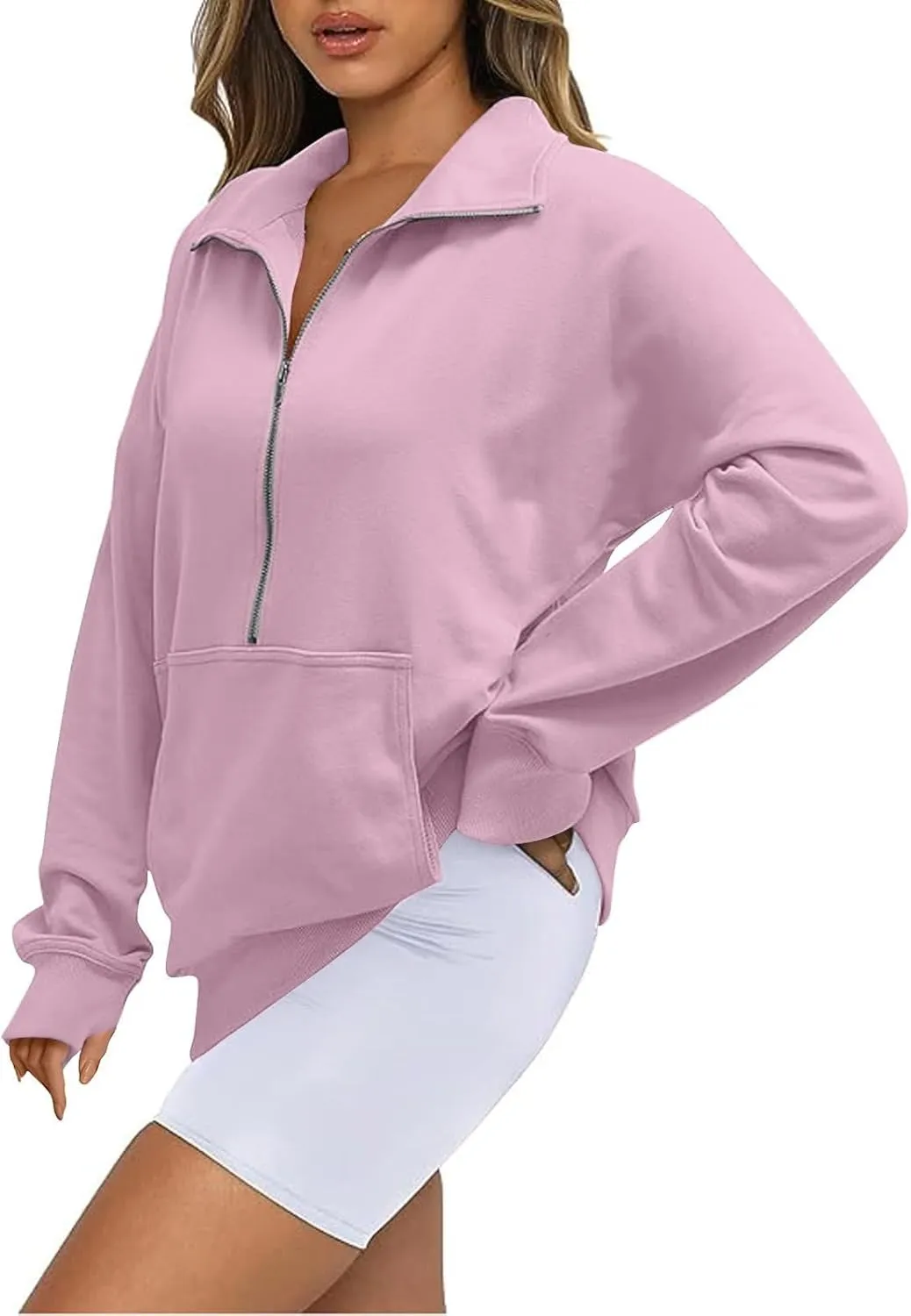 Ladies Stand Collar Hoodie Trendy Plus Fleece Sweatshirt 2024 Solid Color Loose Long Sleeve Comfy Slim Half Zip Pullover
