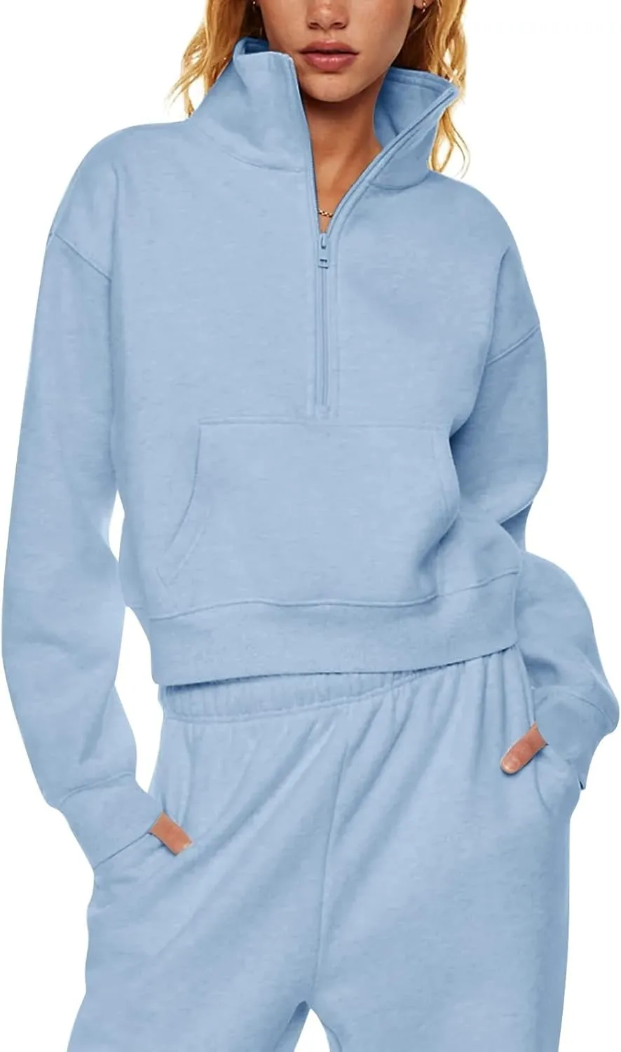 Ladies Stand Collar Hoodie Trendy Plus Fleece Sweatshirt 2024 Solid Color Loose Long Sleeve Comfy Slim Half Zip Pullover