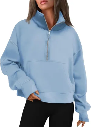 Ladies Stand Collar Hoodie Trendy Plus Fleece Sweatshirt 2024 Solid Color Loose Long Sleeve Comfy Slim Half Zip Pullover