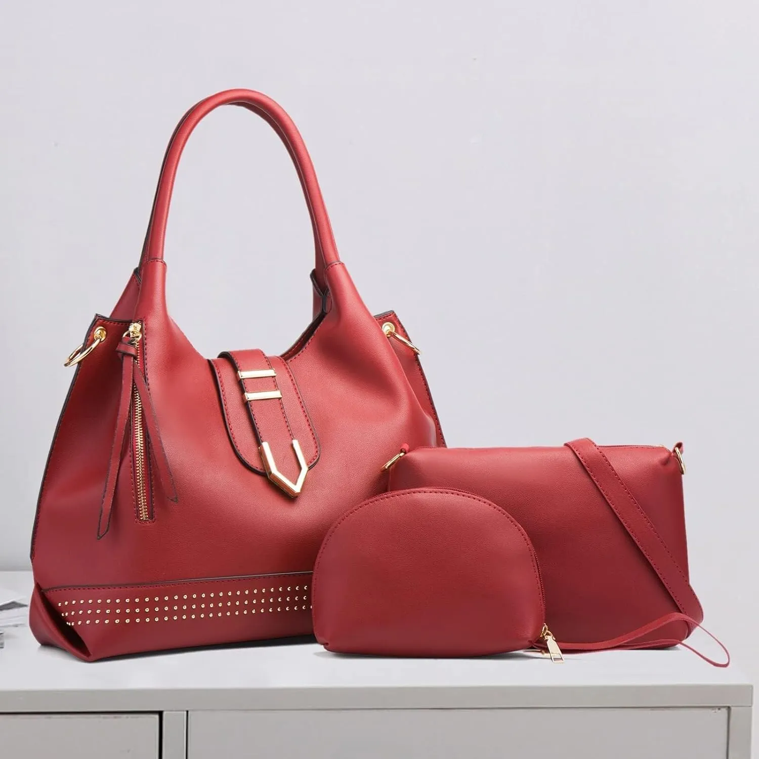 Large Tote Bag 3pcs Set Bags for Women Hobo and Shoulder Bags Soft PU Leather Ladies Handbags and Purses Top Handle Bag Black