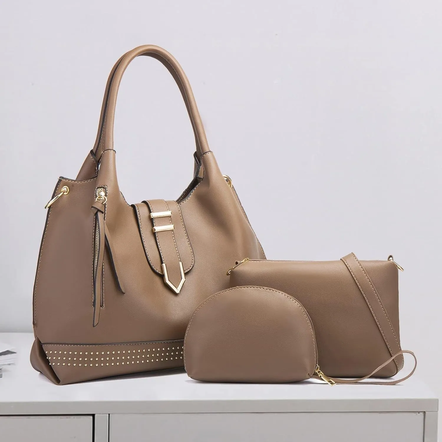 Large Tote Bag 3pcs Set Bags for Women Hobo and Shoulder Bags Soft PU Leather Ladies Handbags and Purses Top Handle Bag Black