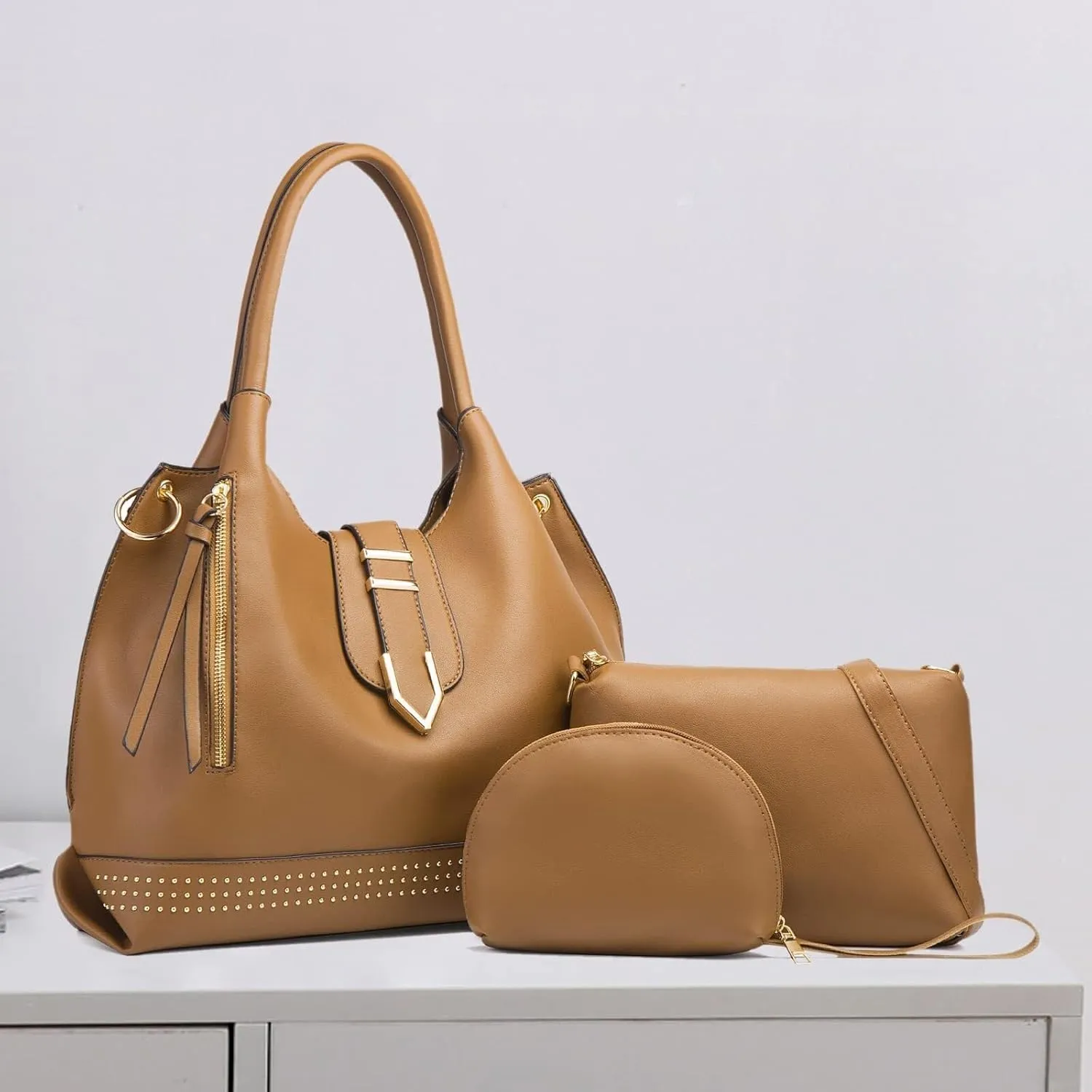 Large Tote Bag 3pcs Set Bags for Women Hobo and Shoulder Bags Soft PU Leather Ladies Handbags and Purses Top Handle Bag Black