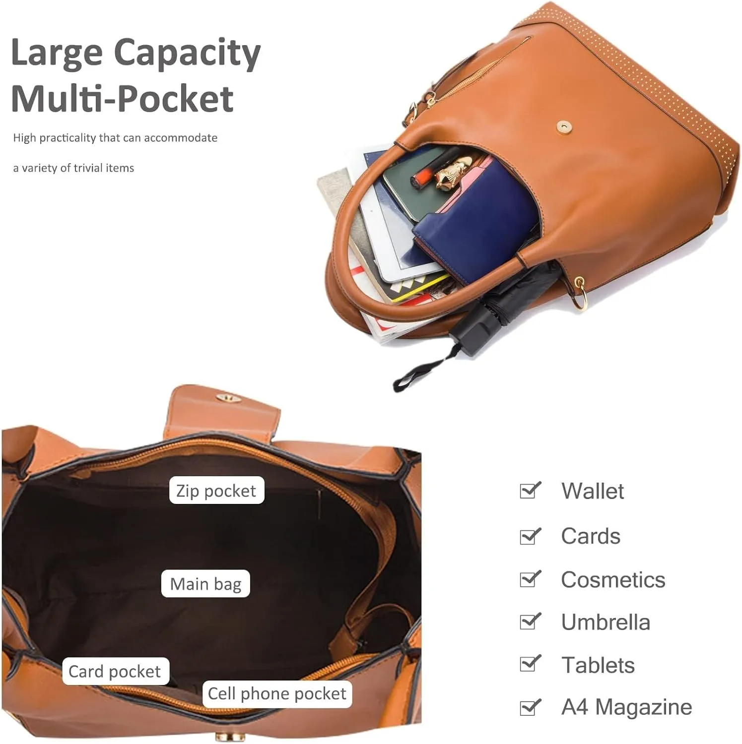 Large Tote Bag 3pcs Set Bags for Women Hobo and Shoulder Bags Soft PU Leather Ladies Handbags and Purses Top Handle Bag Black