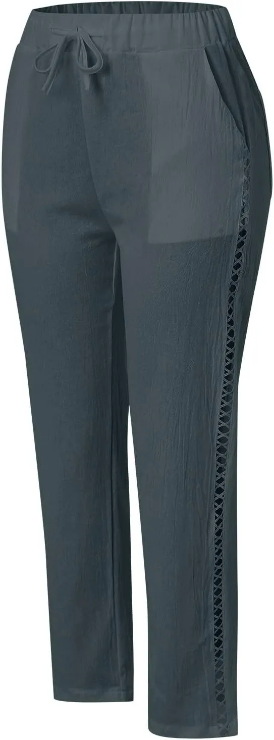 LCMTWX Linen Pants High Waist Pants Drawstring Capri Pants with Pockets Wide Leg Cropped Pants for Cotton Linen Pants Women