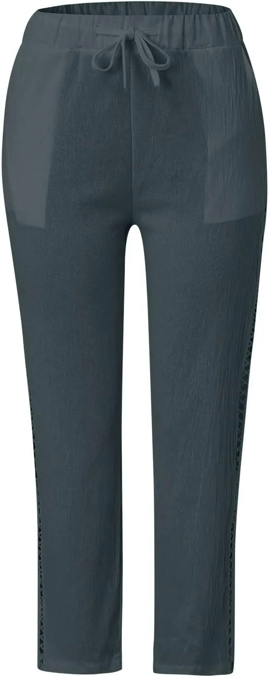 LCMTWX Linen Pants High Waist Pants Drawstring Capri Pants with Pockets Wide Leg Cropped Pants for Cotton Linen Pants Women