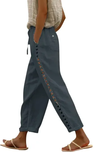 LCMTWX Linen Pants High Waist Pants Drawstring Capri Pants with Pockets Wide Leg Cropped Pants for Cotton Linen Pants Women