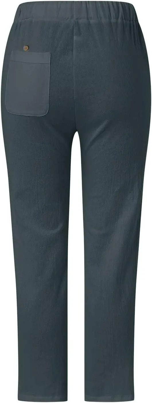 LCMTWX Linen Pants High Waist Pants Drawstring Capri Pants with Pockets Wide Leg Cropped Pants for Cotton Linen Pants Women