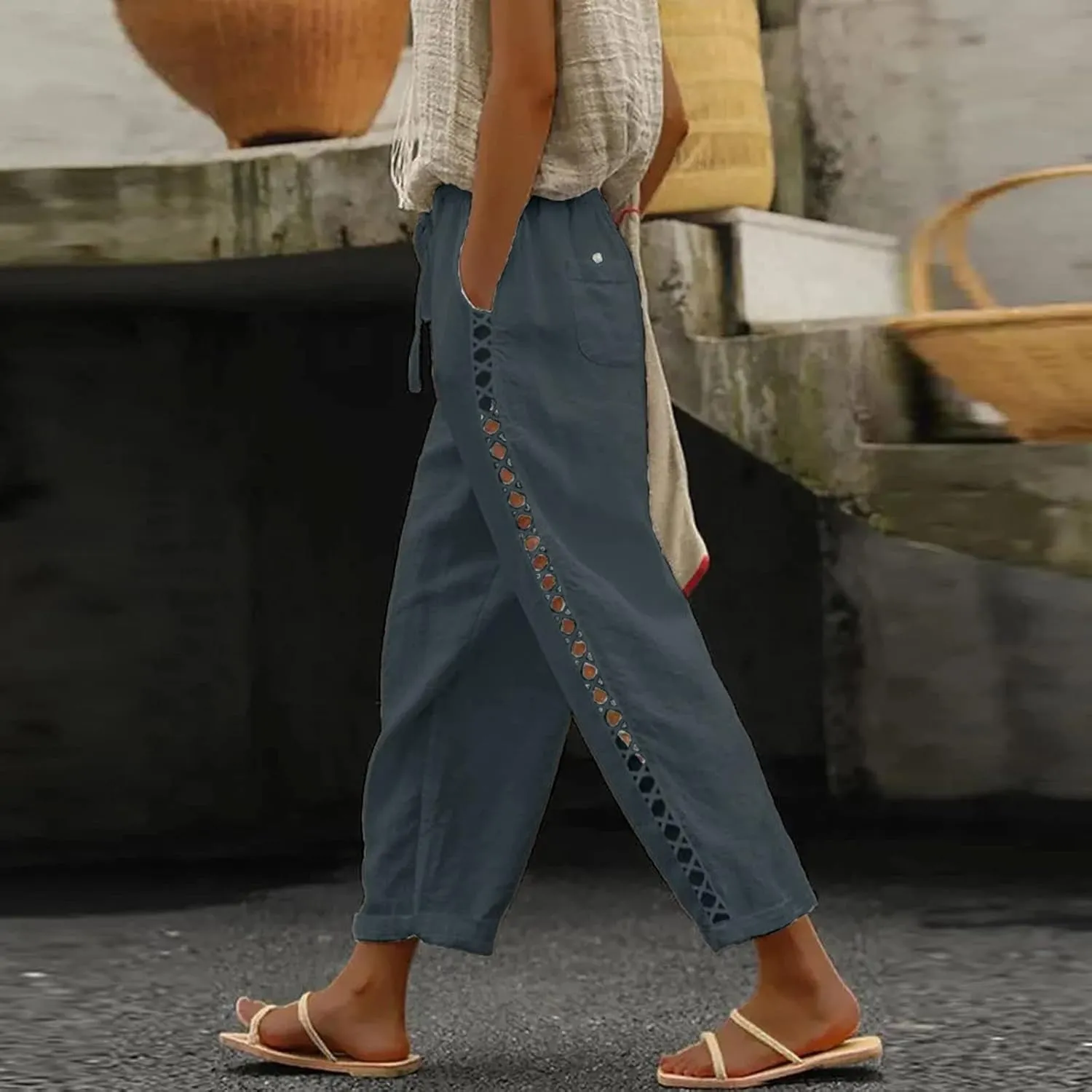 LCMTWX Linen Pants High Waist Pants Drawstring Capri Pants with Pockets Wide Leg Cropped Pants for Cotton Linen Pants Women