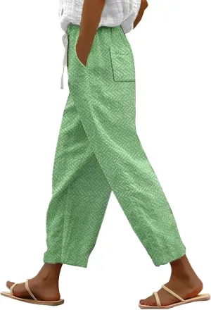 LCMTWX Summer Linen Pants for Women 2025 Drawstring Pants Capri Pants 2025 Pants with Pockets Wide Leg Cropped Pants Beach