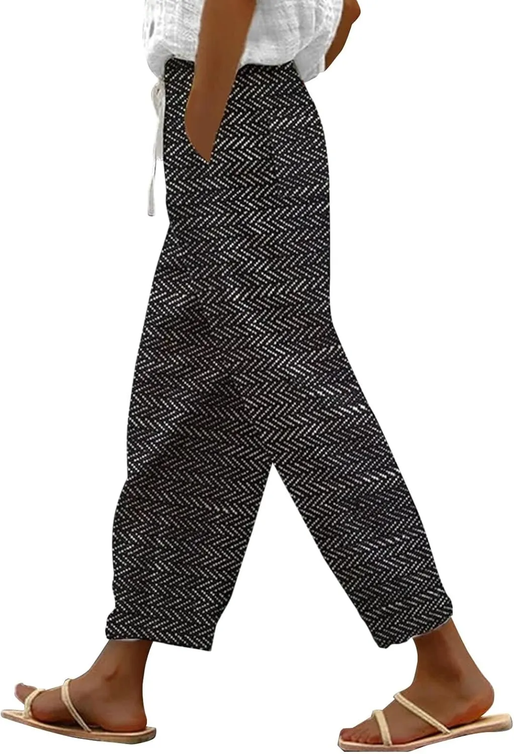 LCMTWX Summer Linen Pants for Women 2025 Drawstring Pants Capri Pants 2025 Pants with Pockets Wide Leg Cropped Pants Beach