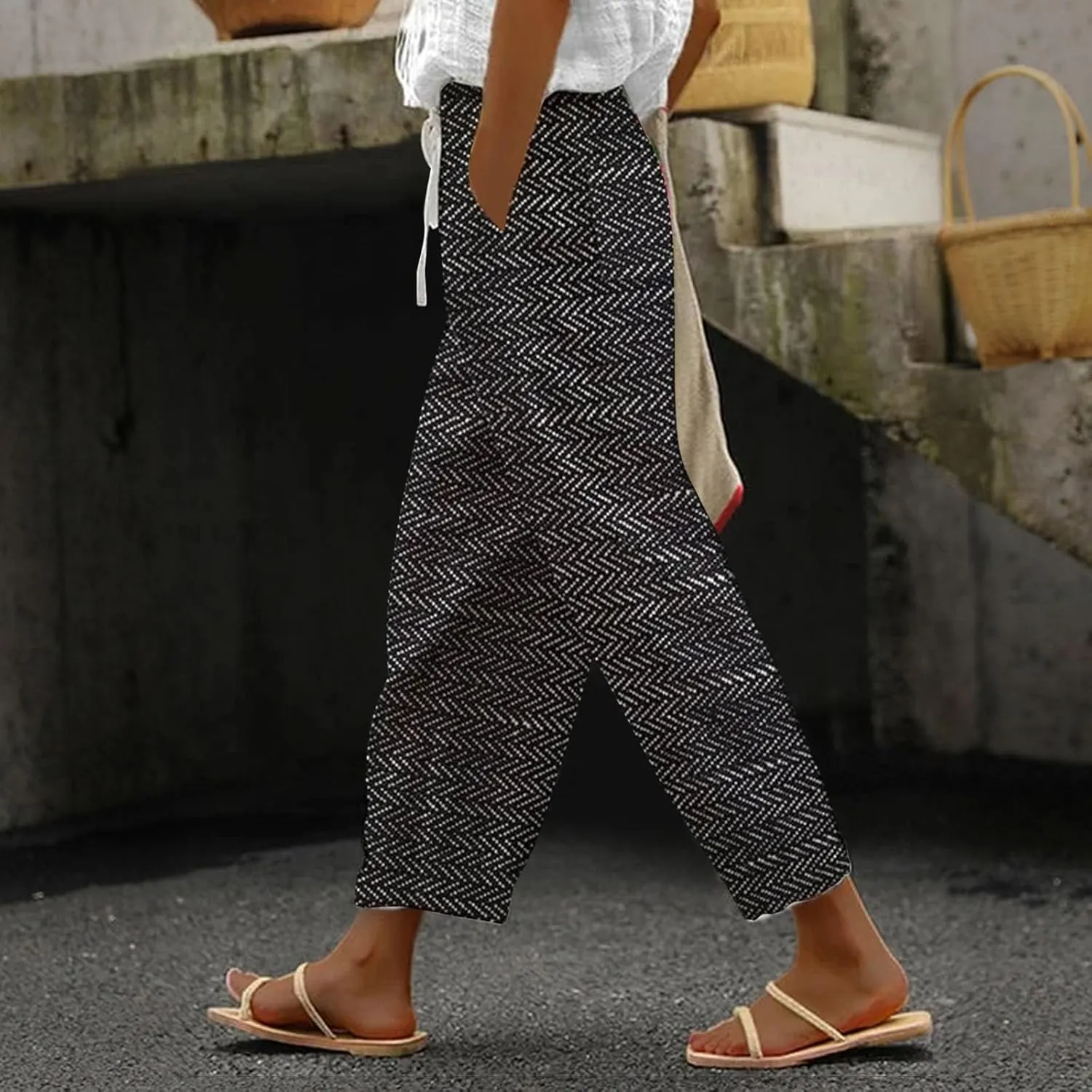 LCMTWX Summer Linen Pants for Women 2025 Drawstring Pants Capri Pants 2025 Pants with Pockets Wide Leg Cropped Pants Beach