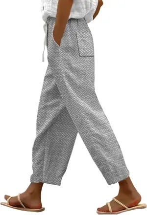 LCMTWX Womens Linen Pants Waist Cropped Casual Pants Gauza Pants White Cargo Pants White Linen Capris for Capri Pants for