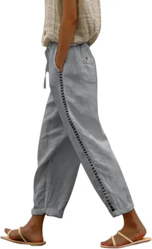 LCMTWX Womens Linen Pants Waist Cropped Casual Pants Gauza Pants White Cargo Pants White Linen Capris for Capri Pants for