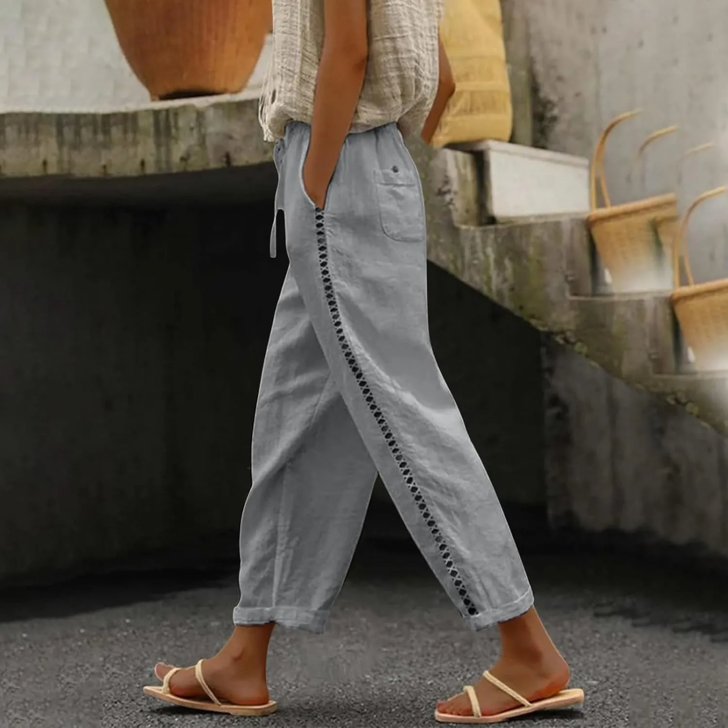 LCMTWX Womens Linen Pants Waist Cropped Casual Pants Gauza Pants White Cargo Pants White Linen Capris for Capri Pants for