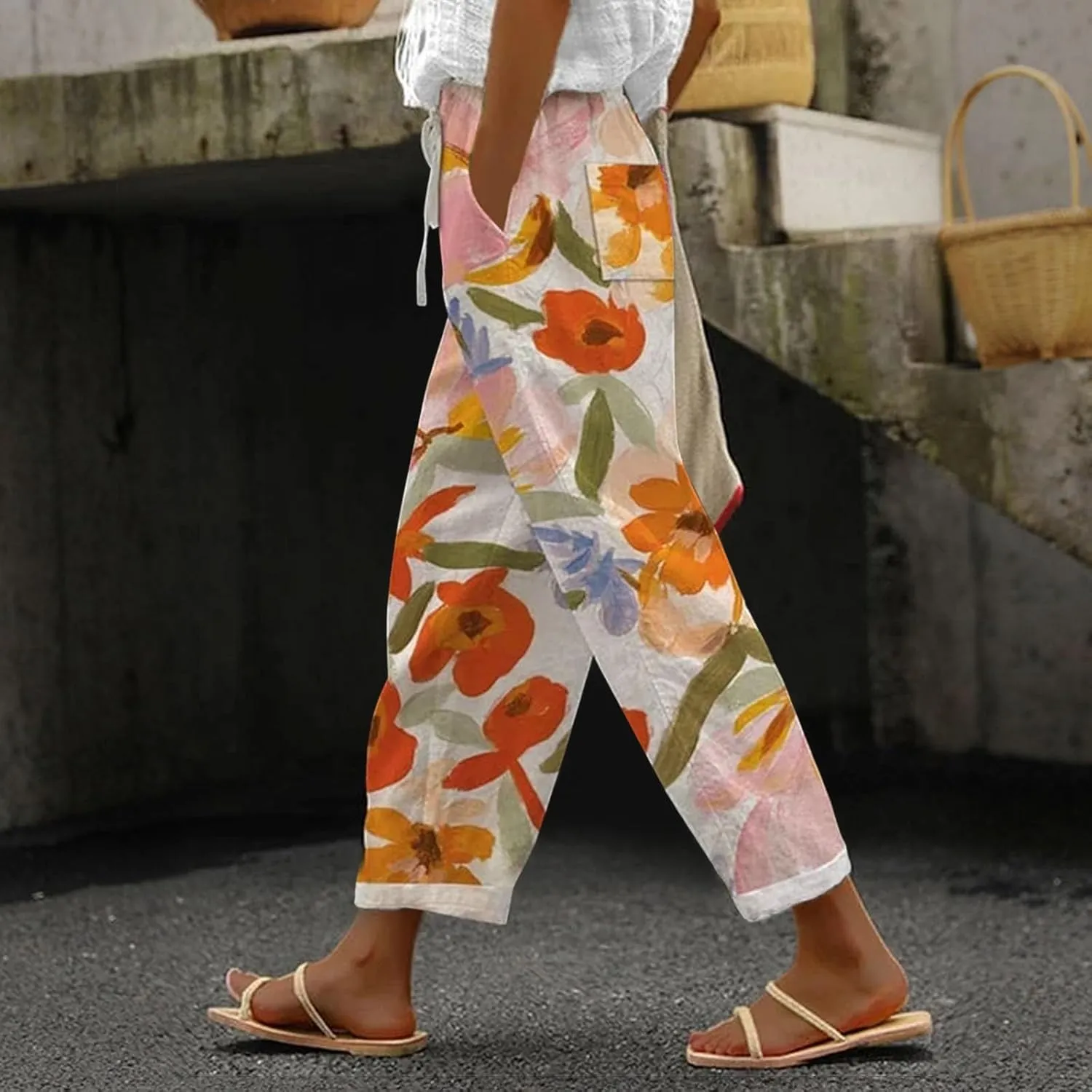 LCMTWX Womens Linen Pants Waist Cropped Casual Pants Gauza Pants White Cargo Pants White Linen Capris for Capri Pants for