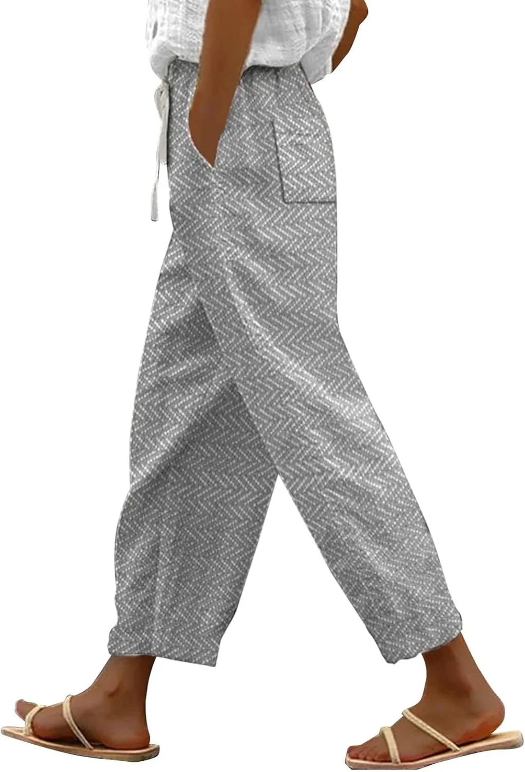 LCMTWX Womens Linen Pants Waist Cropped Casual Pants Gauza Pants White Cargo Pants White Linen Capris for Capri Pants for