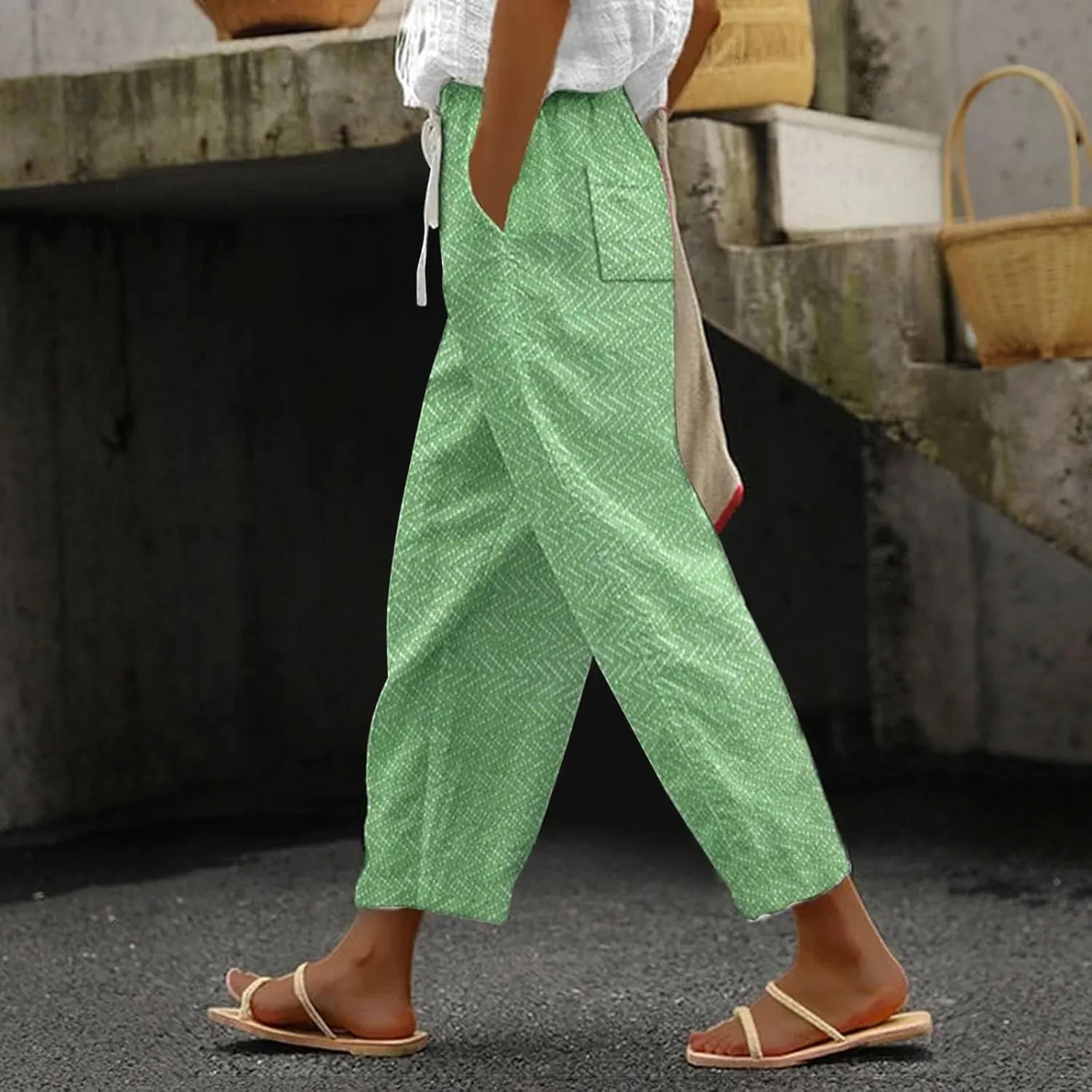 LCMTWX Womens Linen Pants Waist Cropped Casual Pants Gauza Pants White Cargo Pants White Linen Capris for Capri Pants for
