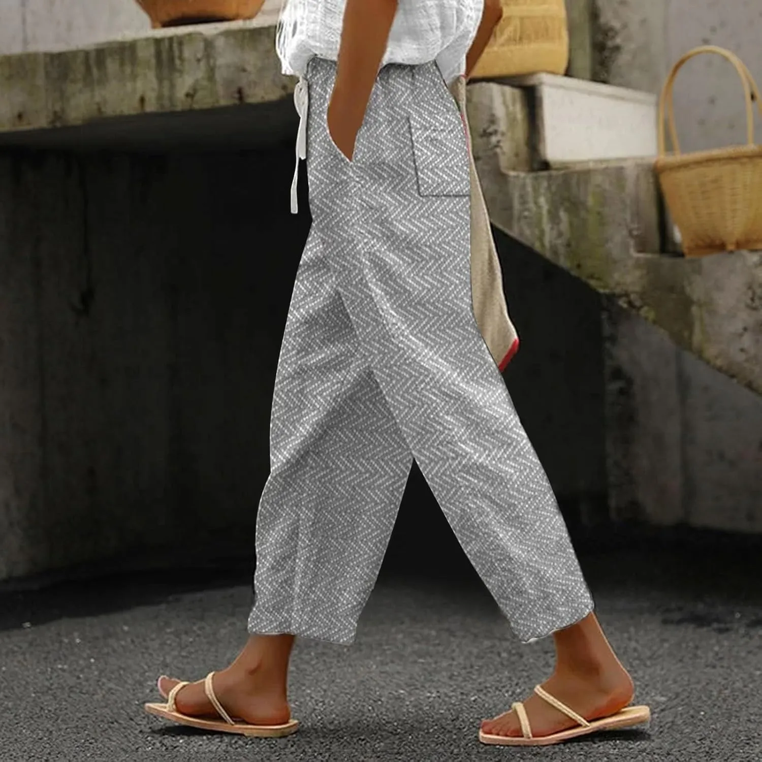 LCMTWX Womens Linen Pants Waist Cropped Casual Pants Gauza Pants White Cargo Pants White Linen Capris for Capri Pants for