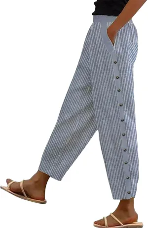 LCMTWX Women's Linen Pants Waist Pants Drawstring Capri Pants with Pockets Wide Leg Cropped Pants High Waisted Pants for