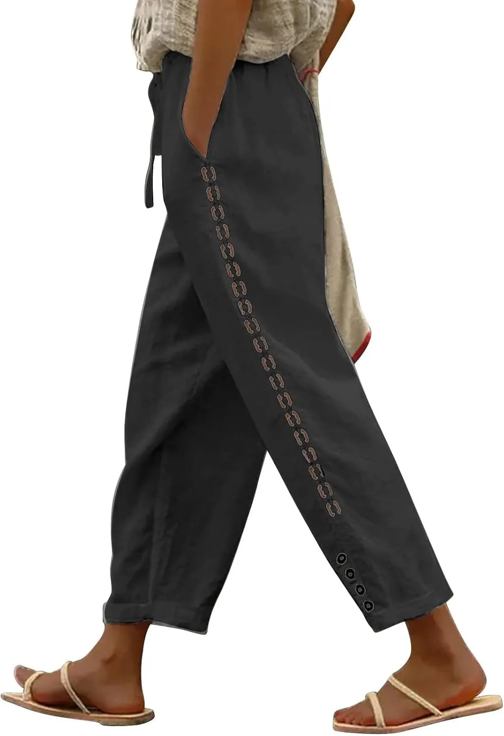 LCMTWX Women's Linen Pants Waist Pants Drawstring Capri Pants with Pockets Wide Leg Cropped Pants High Waisted Pants for