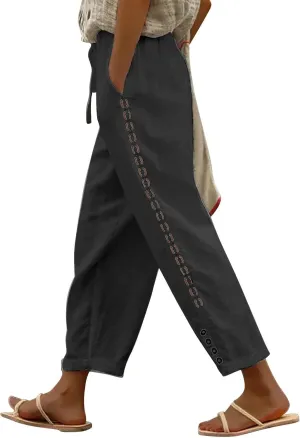 LCMTWX Women's Linen Pants Waist Pants Drawstring Capri Pants with Pockets Wide Leg Cropped Pants High Waisted Pants for
