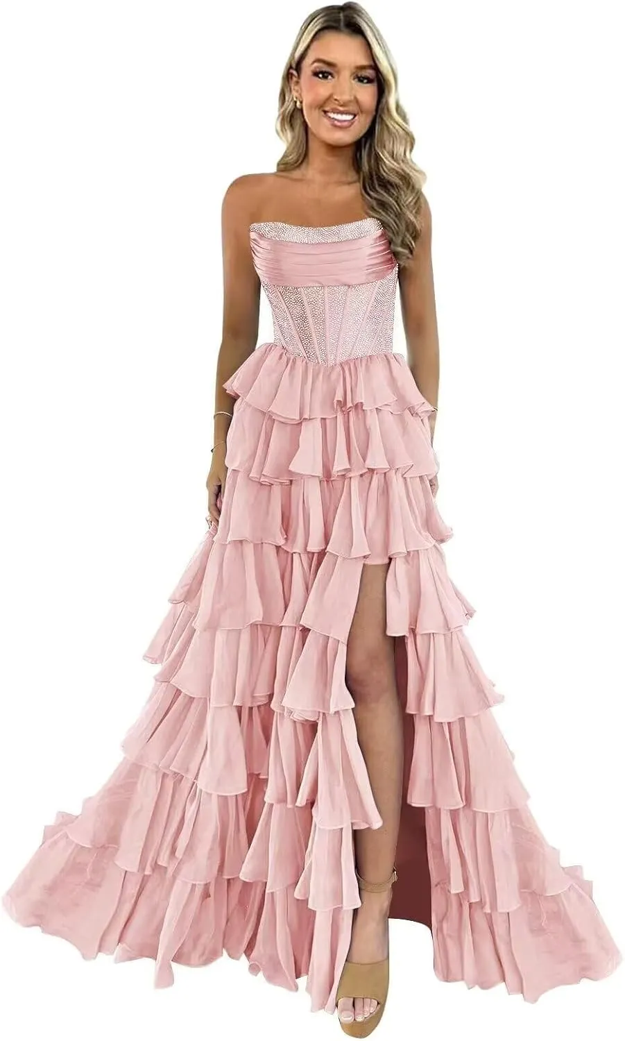LECOYOYO Tiered Chiffon Prom Dress for Women 2025 Strapless Sparkly Sequins Formal Evening Gowns with Slit