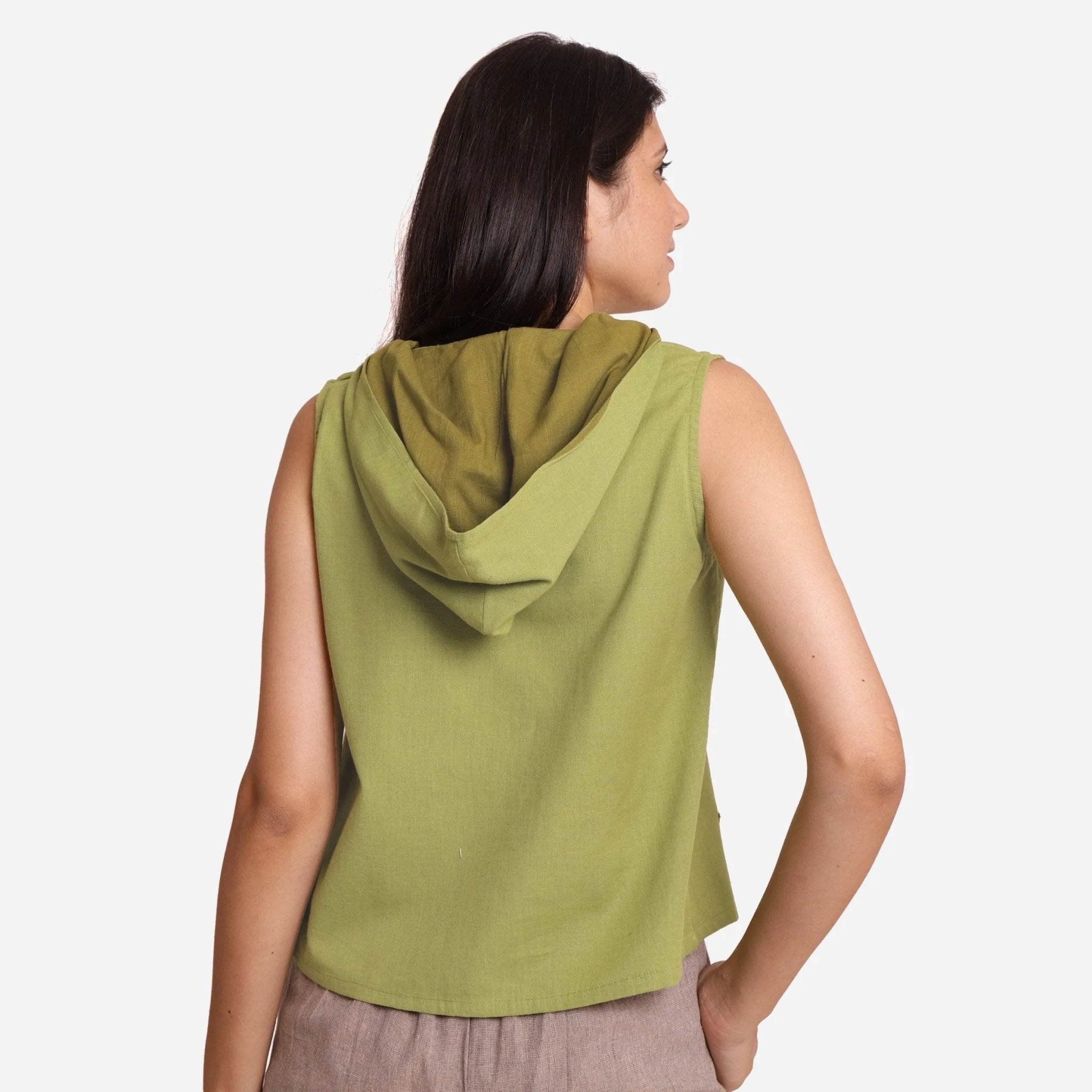 Light Green Cotton Flax Kangaroo Pocket Hoodie Top