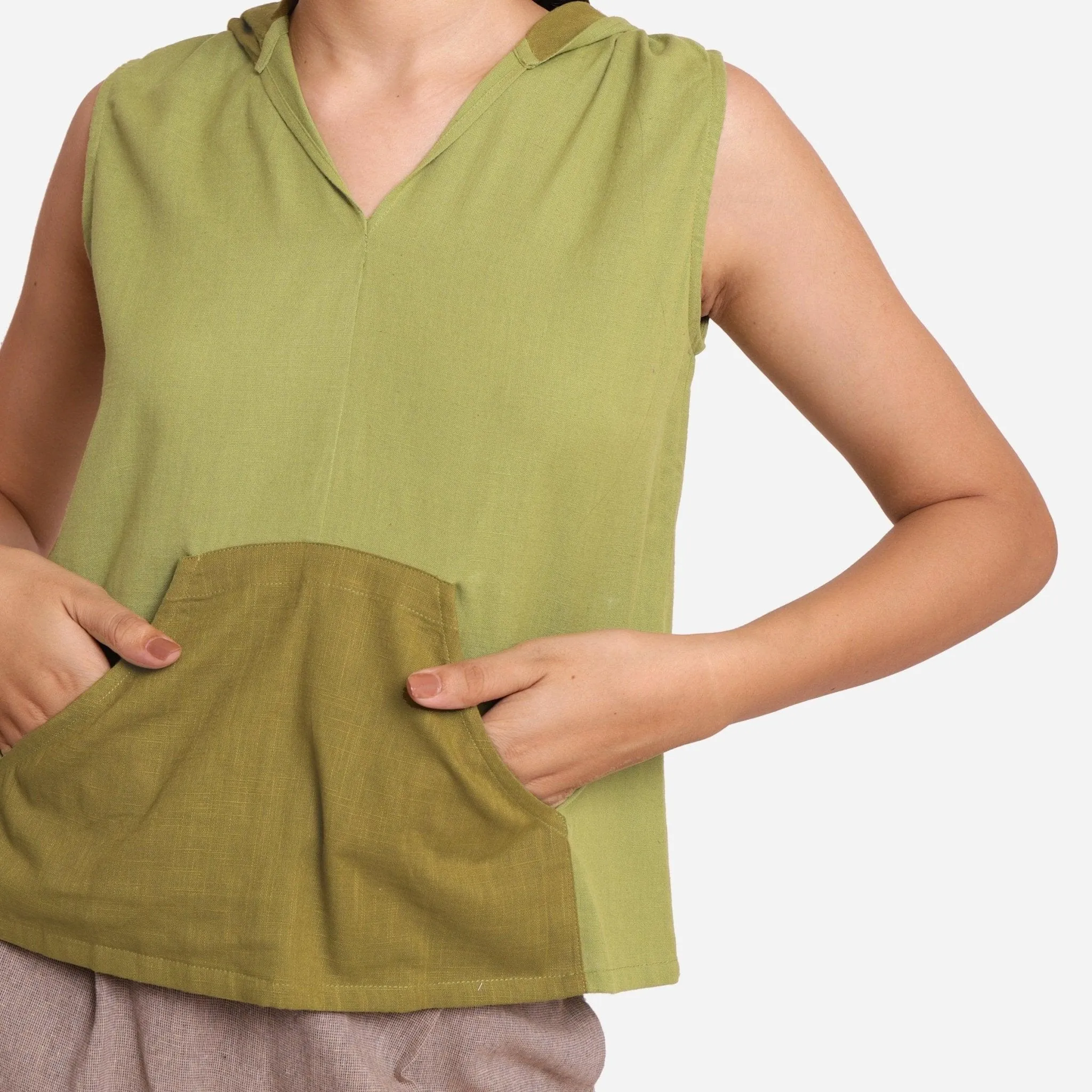 Light Green Cotton Flax Kangaroo Pocket Hoodie Top