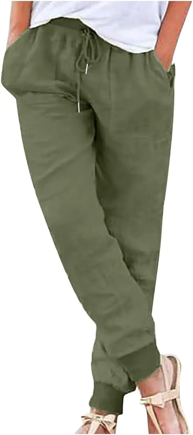Linen Beach Pants Women Long Tapered Summer Pants Elastic Waist Straight Leg Pant Drawstring Trousers with Pockets