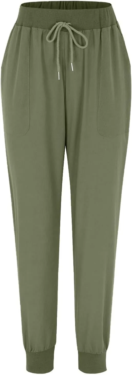 Linen Beach Pants Women Long Tapered Summer Pants Elastic Waist Straight Leg Pant Drawstring Trousers with Pockets