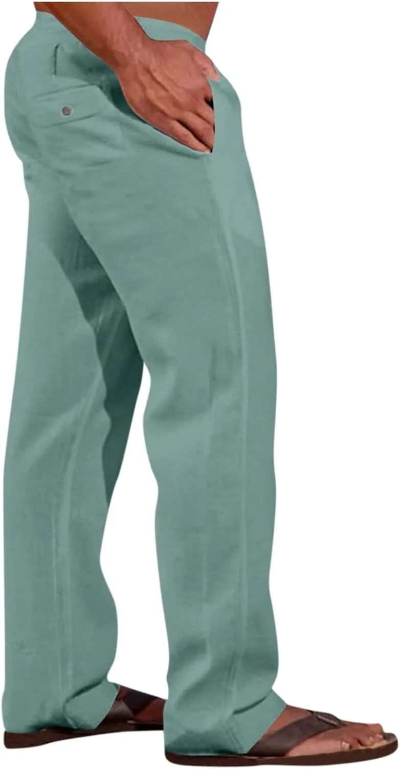 Linen Casual Pants for Men Loose Fit Beach Summer Lightweight Yoga Trousers with Pockets