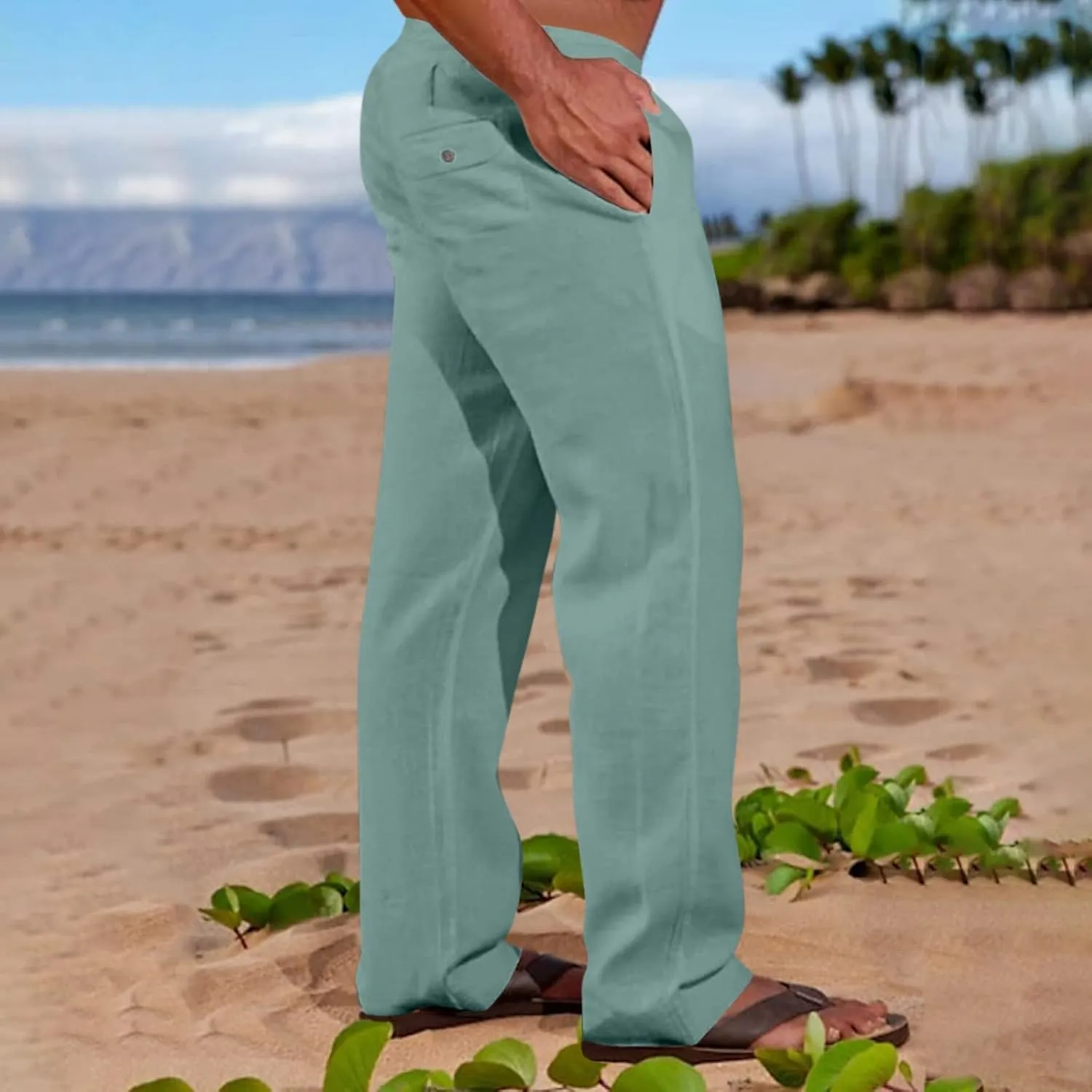 Linen Casual Pants for Men Loose Fit Beach Summer Lightweight Yoga Trousers with Pockets