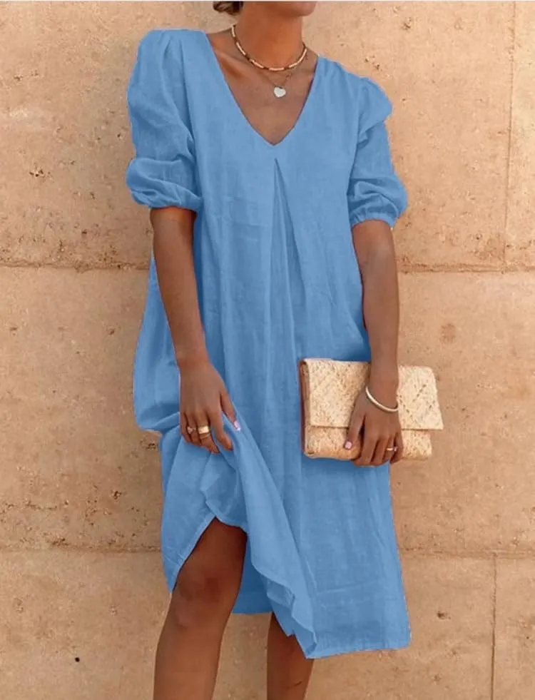 Linen Dresses for Women 2024 Women Midi Dress Casual V Neck Short Puff Sleeve Long Dress Foose Fit Dresses