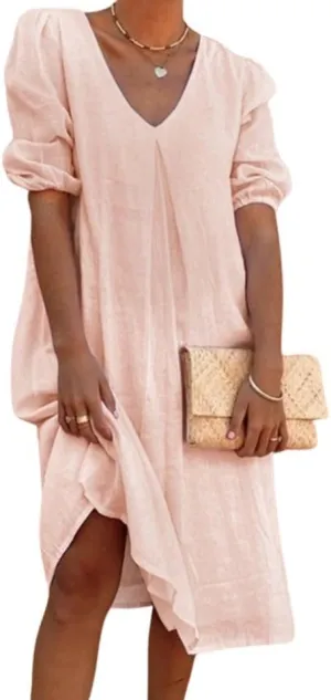 Linen Dresses for Women 2024 Women Midi Dress Casual V Neck Short Puff Sleeve Long Dress Foose Fit Dresses