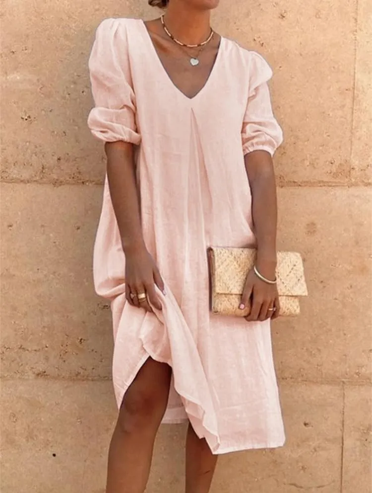 Linen Dresses for Women 2024 Women Midi Dress Casual V Neck Short Puff Sleeve Long Dress Foose Fit Dresses