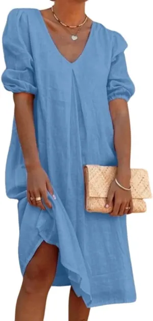 Linen Dresses for Women 2024 Women Midi Dress Casual V Neck Short Puff Sleeve Long Dress Foose Fit Dresses